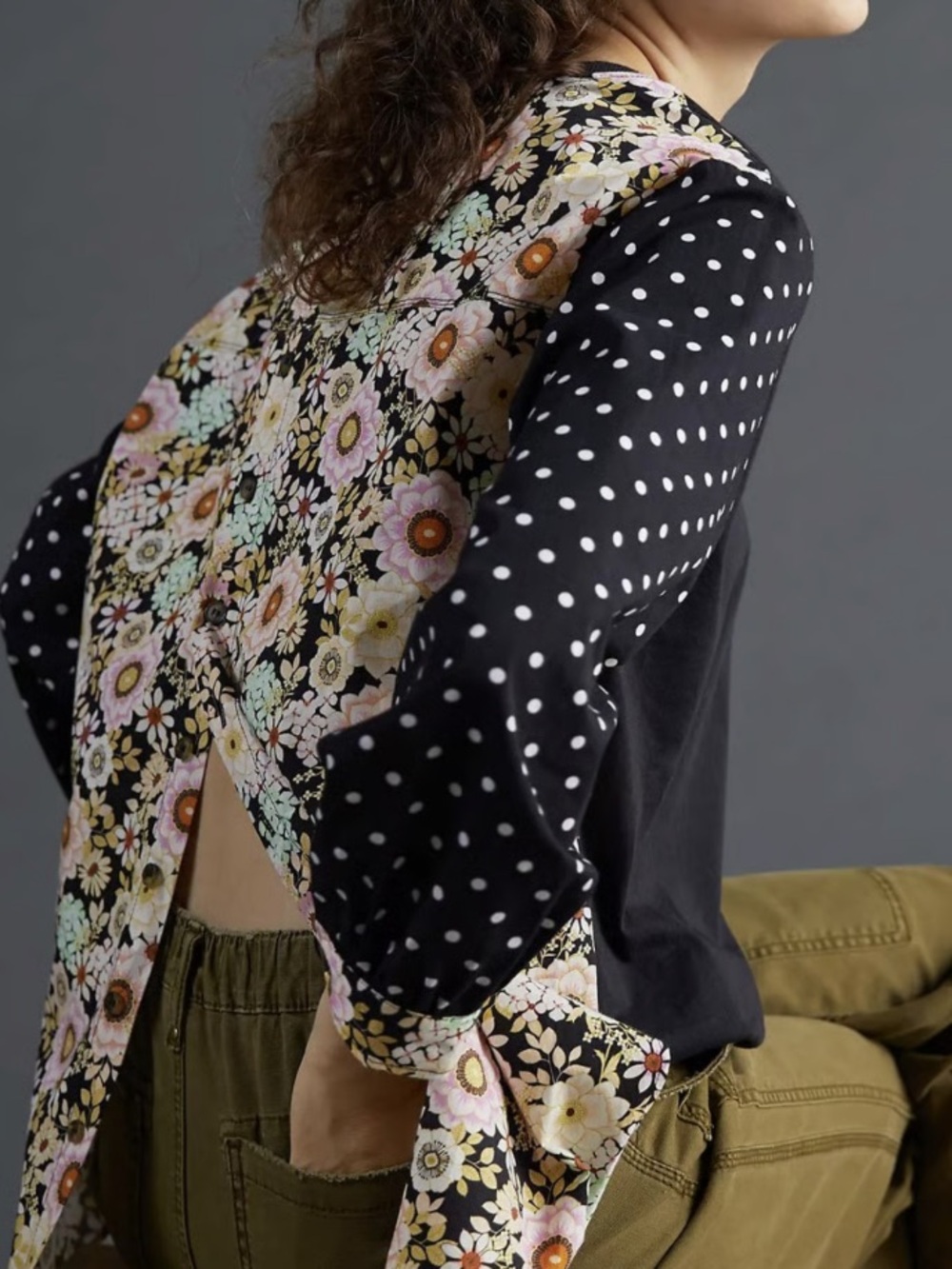 Anthropologie Maeve Black Polka Dot & Floral Open-Back Blouse